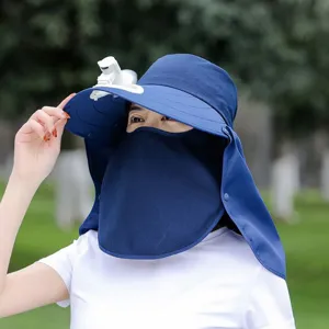 Sun hat with built-in fan and face cover, dark blue summer UV protection cap for outdoor riding.