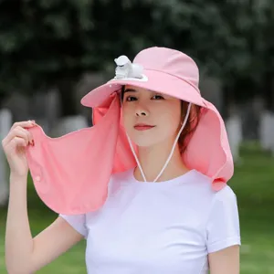 Pink sun protection hat with built-in fan and face shield for summer outdoor activities.