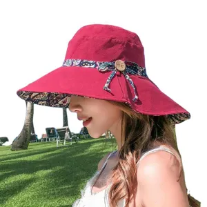 Damen Sonnenschutz Eimerhut Sommer Outdoor Strand Hut mit Blumenband Dekoration