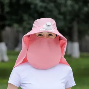 Outdoor sun protection hat detail featuring a built-in electric fan and full face shield.