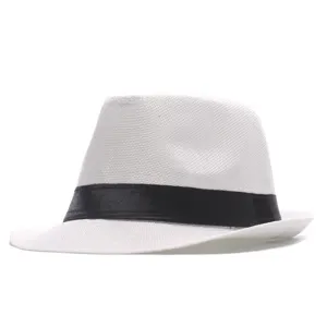 White straw fedora hat for men and women, classic black band sun protection outdoor sun hat.