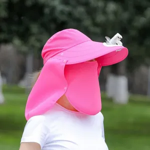 Pink sun protection hat with electric fan and full face cover for summer outdoor UV protection