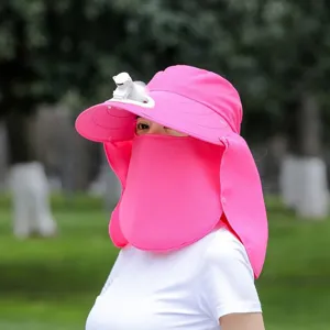 Pink sun protection hat with built-in mini fan and face cover for outdoor summer UV protection