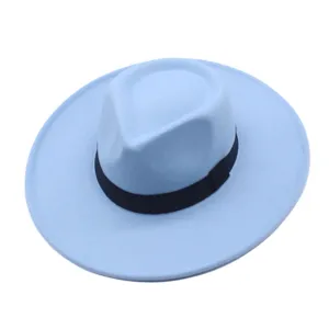 Hellblauer Wollfilz Fedora Hut mit schwarzem Band breite Krempe Vintage Herren Damen Hut