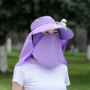 Summer sun protection hat for women with built-in mini fan, wide brim and face cover.