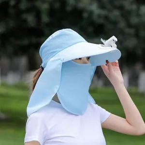 Summer sun protection fan hat with UV blocking face mask and large brim for outdoor cycling.