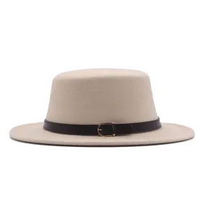 Eleganter Herbst Winter Flacher Top Filzhut mit Ledergurt Schnalle breite Krempe Fedora Kappe