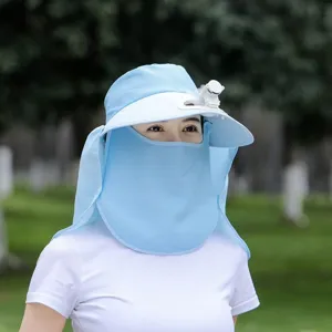 Sun protection hat with fan summer outdoor UV blocking face shield large brim hat details