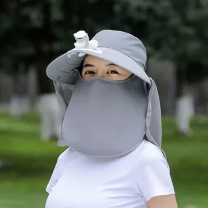 Summer anti-UV sun protection hat with built-in fan and full face shield for outdoor riding.