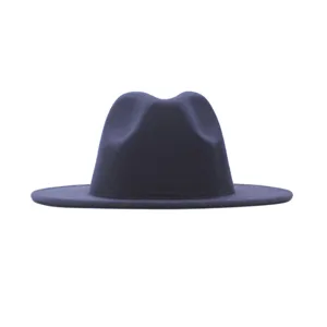 Klassischer dunkelblauer Wollfilz-Fedora-Hat mit breiter Krempe, eleganter Damen-Winterhut.