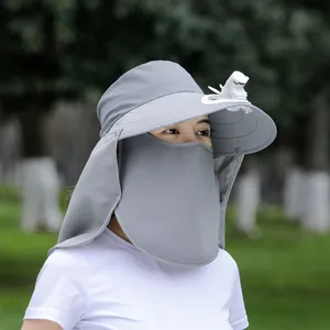 Grey sun protection hat with built in fan, face shield and neck flap for outdoor summer.