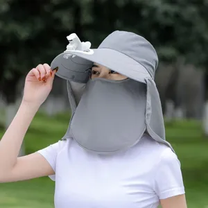 Summer anti-UV sun protection hat with built-in electric fan, large brim face shield neck flap.