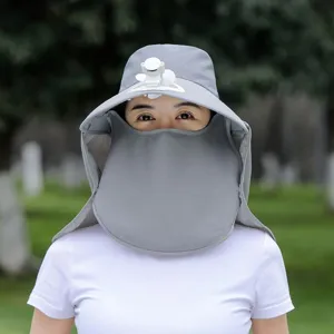 Summer sun protection hat with built-in fan and full face shield for outdoor riding.