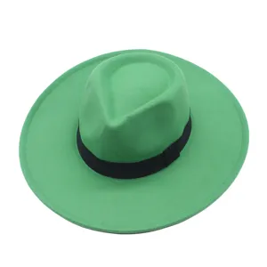 Grüner Woll-Fedora-Hut für Damen und Herren Vintage Jazz Kappe breite Krempe Gentleman