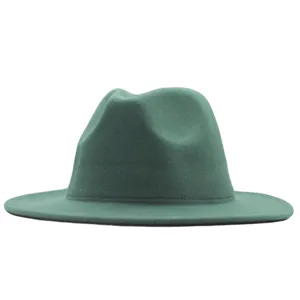 Klassischer grüner Wollfilz-Fedora-Hut mit breiter Krempe für Damen, elegante Herbst-Winter-Mode.