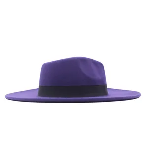 Lila Fedora Hut mit breiter Krempe und schwarzem Band, klassischer Wollfilz Vintage Hut.