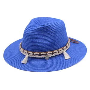 Sommer blauer Strohhut Fedora mit Muscheln und Quasten Dekoration, Strand Sonnenschutz Hut.