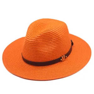 Orangefarbener Strohhut für Damen und Herren, Sommer Strand Sonnenschutz Panama Hut mit Gürtel.