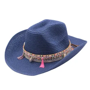 Chapeau de Paille de Cowboy Occidental Large Bord Chapeau de Soleil Avec Gland Coquillage Ruban Ethnique Protection Solaire Extérieur Plage Vacances Voyage Accessoires Pour Hommes Femmes