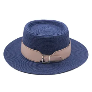 Blue straw flat top hat with stylish beige belt buckle, perfect for summer beach vacation.