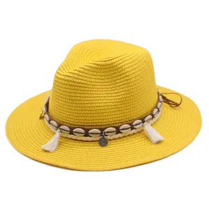 Sommer Stroh Fedora Hut für Damen Herren Western Cowboy Strand Sonnenhut mit Muscheln und Quasten