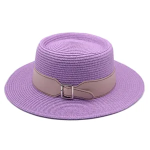 Women flat top straw hat summer beach sun protection hat with stylish belt detail for travel vacation