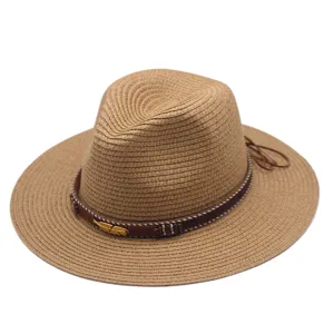Elegante Geweven Strohoed Voor Dames Heren Zonbescherming Brede Rand Strand Panama Fedora Hoed Met Verenband Accent