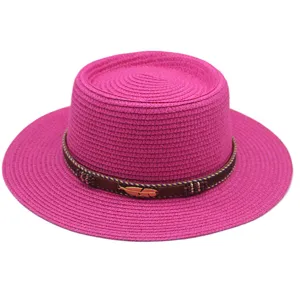 Damen rosa Strohhut flacher Top Sonnenhut Strand Urlaub Outdoor stilvoller Sonnenschutz Sommerhut