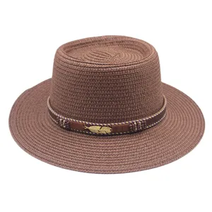 Eleganter brauner Strohhut mit Perlen-Feder-Band für Damen Sommer Strand Urlaub.