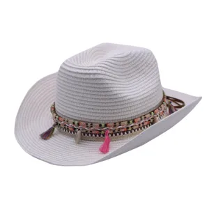 Chapeau de paille cowboy d ete pour femme et homme, protection solaire de plage respirant.