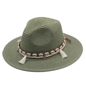 Sommer gruner Strohhut mit Muscheln Quasten Band fur Damen und Herren Strand Sonnenhut.