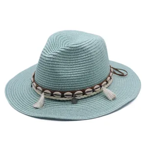 Sommer Strohhut Fedora mit Muschel Quaste Strand Sonnenhut Damen Herren blau geflochtener Hut