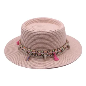 Boho Strohhut Breite Krempe Flache Krone Sonnenschutz Strandhut Mit Ethno Webband Quaste Muschel Deko Für Unisex Urlaub