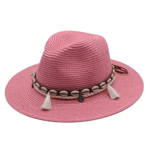Rosa Strohhut Sonnenhut mit Muschel Quaste Band Sommer Strand Fedora Hut Damen Herren.