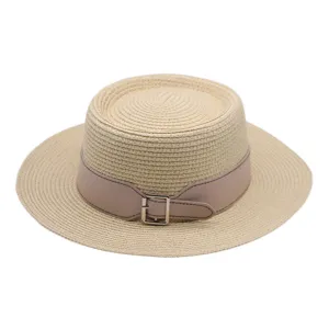 Women Flat Top Straw Hat Summer Beach Sun Hat Outdoor Vacation Wide Brim Panama Fedora With PU Leather Belt Buckle Decoration