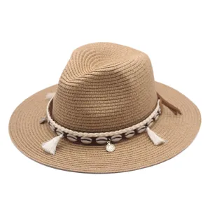 Retro Western Cowboy Strohhut Für Damen Herren Britischer Stil Breite Krempe Sonnenhut Mit Muschel Quaste Dekoration Sommer Strandhut