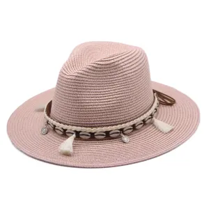 Damen Sommer Strohhut Vintage Western Cowboy Sonnenhut Strand Muschel Quaste Fedora Hut