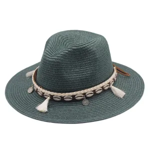 Dunkelgrüner Strohhut Fedora mit Muschel- und Quasten-Geflechtband für Damen Somersonne.