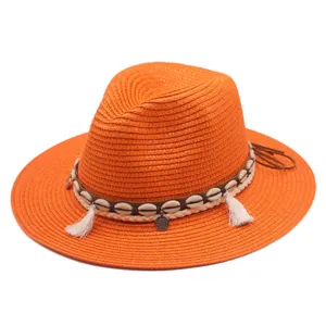 Oranger Stroh Sonnenhut für Damen Herren Sommer Strand Western Stil Muschel Quasten Band
