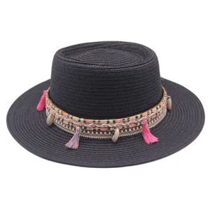 Sommer Damen Herren Boho Strohhut breite Krempe Strandhut Sonnenschutz Urlaub Kappe mit Quasten