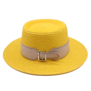 Women's flat top straw hat summer beach sun protection hat with belt buckle yellow stylish