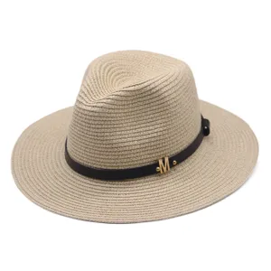 Mode Strohhut Sonnenhut Damen Herren Metallbuchstabe M Dekoration Breite Krempe Panama Fedora Strand Sommer Reise Strohhut
