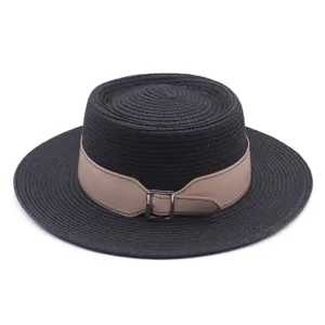 Elegant black flat top straw hat with a stylish wide leather belt and buckle for women summer.