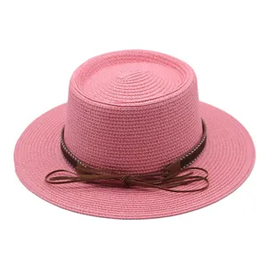 Rosa Strohhut mit flacher Oberseite und braunem Band für Damen Sommer Strand Urlaub Outdoor