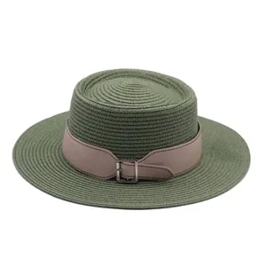 Detailed view of a green straw flat-top hat with a chic pink belt buckle for summer.