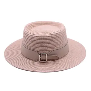 Stylish flat top straw hat for women summer beach vacation sun protection sun hat detail