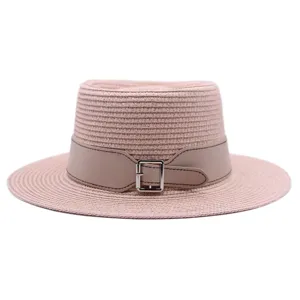 Summer flat top straw hat with stylish PU leather belt and metal buckle for women beach vacation.