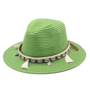 Grüner Strohhut für Damen Herren Sommer Sonnenhut gewebter Strandhut mit Muschel Quasten