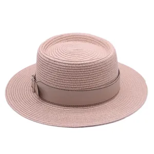 Details of women summer straw boater hat with stylish pu leather belt and flat top design.