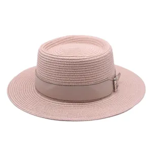 Stylish women flat top straw hat for summer beach vacation, sun protection fashion boater hat.